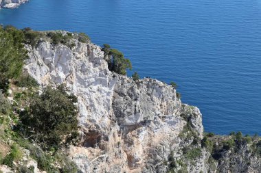 Anacapri, Campania, İtalya - 12 Mart 2022: Monte Solaro uçurumundaki keçiler Belvedere 'in terasından görüldü