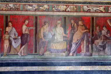 Pompeii, Campania, İtalya - 14 Ekim 2021: Eski Pompeii kentinin duvarlarının dışında yer alan bir Roma konutu olan Gizemler Villası 'nın İçi
