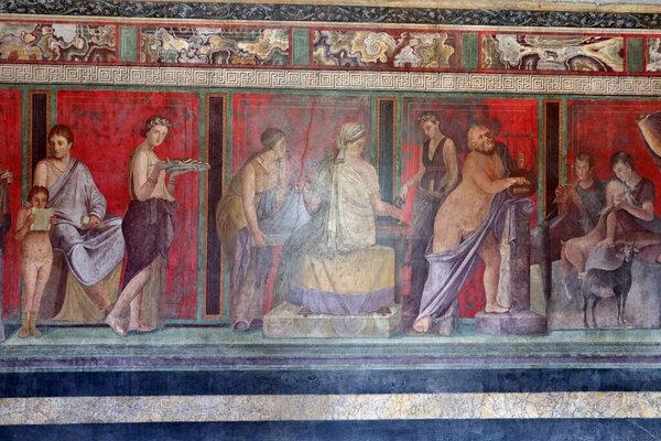 Pompeii, Campania, Italy - October 14, 2021: Interior of the Villa of the Mysteries, a Roman residence located outside the walls of the ancient city of Pompeii