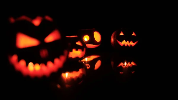 Många olika halloween huvud Jack pumpor med skrämmande leende och brinnande ljus inomhus för fest natt på svart bakgrund — Stockfoto