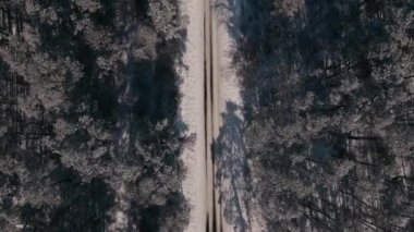 Yukarıdan Aşağıya Hava Görüntülü İHA Uçuşu Güneşli Kış Günü 'nde Küçük Kırsal Yol ve Orman Üzerinde İlerliyor