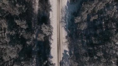 Top Down Aerial View Drone Flight Backward Over Small Rural Road and Forest at Sunny Winter Day