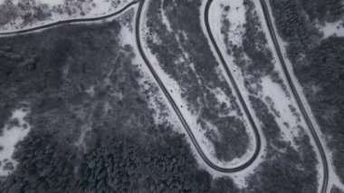 Karpat Dağları 'ndaki Karlı Orman' da Yılan Yolu 'nun Hava Görüntüsü, Kış Yolculuğu Konsepti