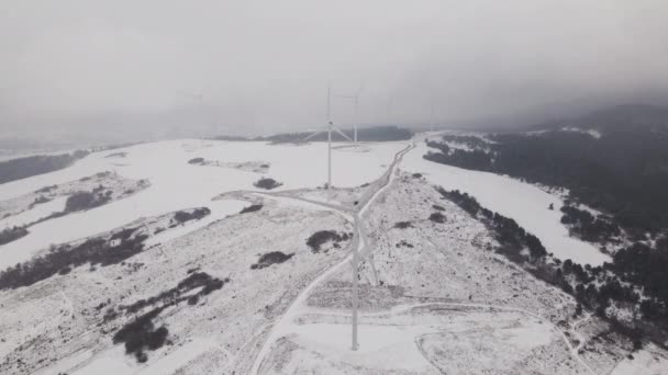 Vue Aérienne Parc Éolien Hiver Turbines Rotatives Sur Champ Neigeux — Video