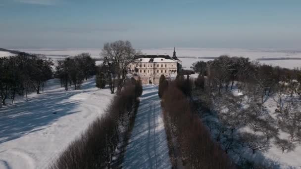 Вид Воздуха Старинный Замок Солнечный Зимний День Дворец Пидхирци — стоковое видео