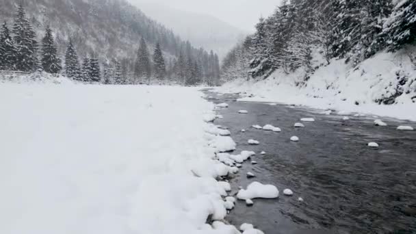 Εναέρια View Drone Κινείται Πάνω Από Τον Παγωμένο Ποταμό Στα — Αρχείο Βίντεο