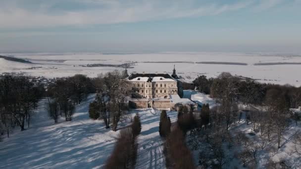 Drohnenflug Vorwärts Über Die Historische Alte Burg Sonnigen Wintertag Pidhirtsi — Stockvideo