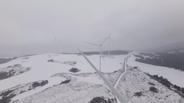 Vista Aérea Del Parque Eólico Invierno Turbinas Giratorias Campo Cubierto — Vídeos de Stock