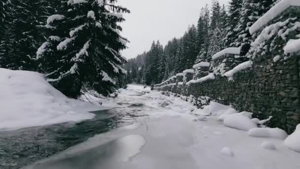 Drohne Aus Der Luft Über Dem Gefrorenen Fluss Den Bergen — Stockvideo
