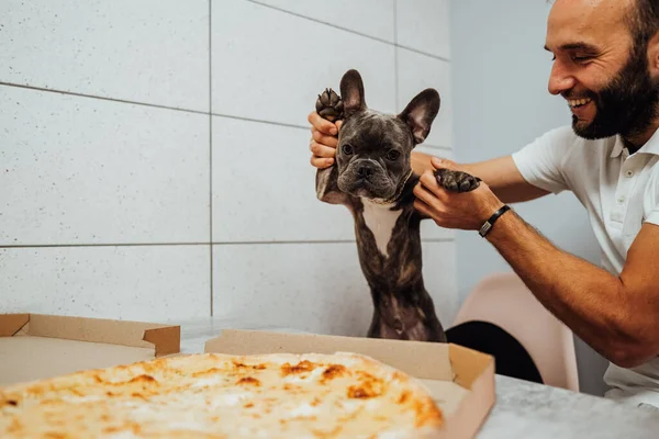 Cheerful Man Holding French Bulldog Paws Front Pizza Kitchen Desk — ストック写真