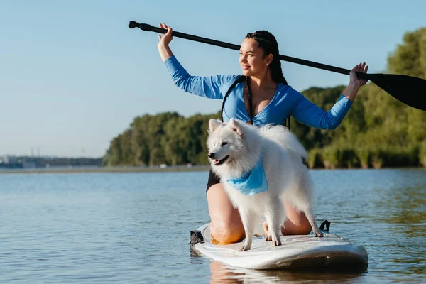 Snow White Japanese Spitz Dog Standing Sup Board Woman Paddleboarding — Photo