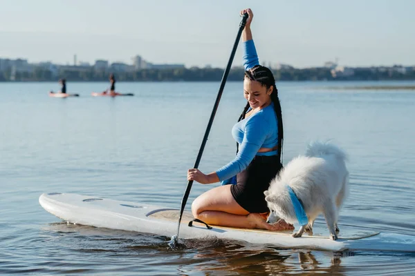 Woman Dreadlocks Paddleboarding Her Dog Snow White Japanese Spitz Sup — Fotografia de Stock
