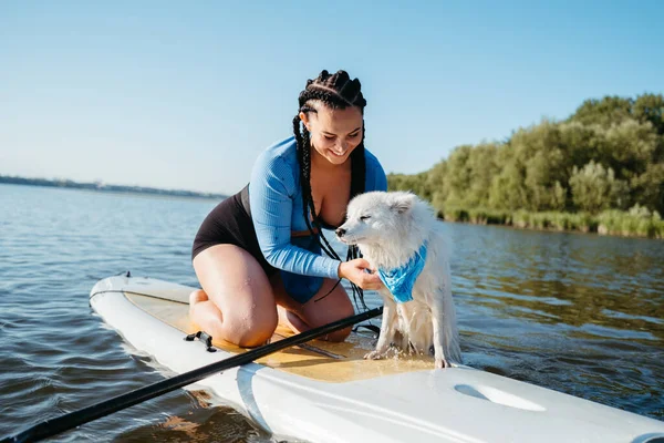 Cheerful Woman Locs Helping Her Dog Japanese Spitz Get Out — Fotografia de Stock