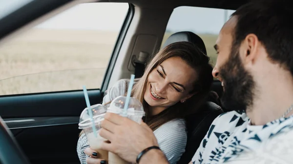 Caucasian Cheerful Woman Sitting Car Drinking Coffee Boyfriend Happy Middle —  Fotos de Stock