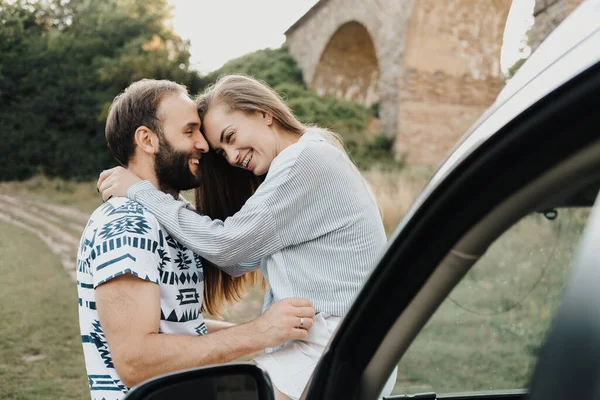 Caucasian Man Woman Hugging Hood Car Middle Aged Couple Enjoying — Fotografia de Stock