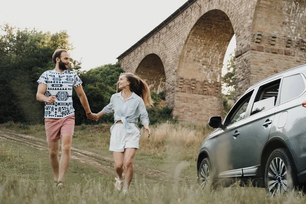 Middle Aged Couple Running Holding Hands Caucasian Man Woman Enjoying — Photo