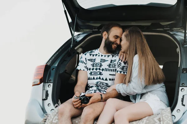 Middle Aged Couple Sitting Trunk Car Smiling Caucasian Man Woman —  Fotos de Stock