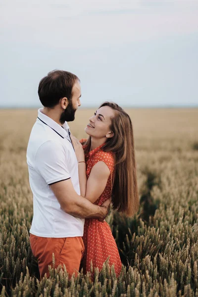Happy Middle Aged Couple Hugging Wheat Field Caucasian Cheerful Woman — Stockfoto