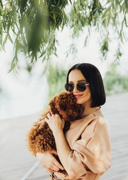 Young Brunette Woman Holding Hugging Her Little Redhead Dog Breed — Photo