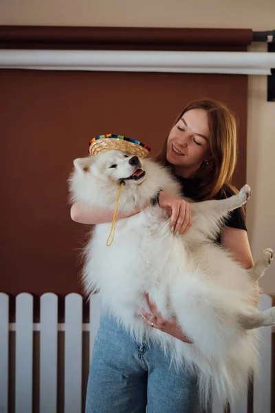 Young Woman Holding Hands Dog Breed Japanese Spitz Sombrero — Stock Photo, Image