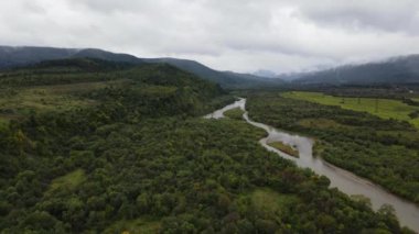 Ormanlar arasında geniş Stryi nehri üzerindeki hava panoramik görüntüsü, insansız hava aracı ileriye doğru uçuyor.