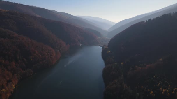 Drone Flies Dam Sunny Autumn Morning Aerial View Water Reservoir — Stock Video