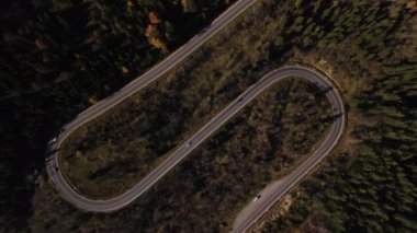 Karpatya bölgesinde sonbaharın başlarında köknar ağaçları arasında arabaların sürdüğü yılansı yolun yukarıdan görünüşü