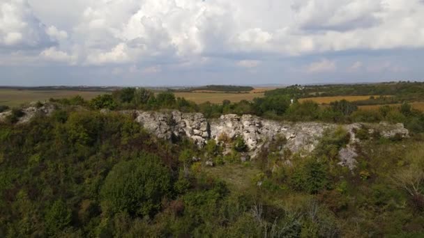 Aerial View Rocky Hill Drone Flies Forwards Abandoned Stone Quarry — Stock Video