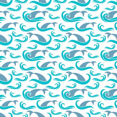 Dalgalarda köpekbalığı yüzgeci olan kusursuz yaz deseni izole edildi. Şablon balığı. Hayvan vektör stoku çizimi. EPS 10