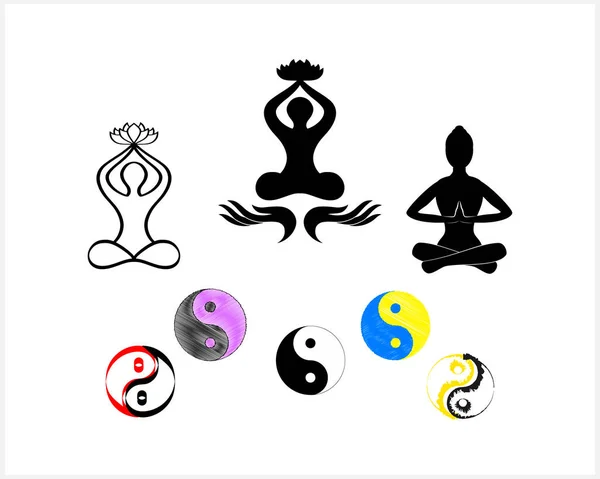 Símbolos Yoga Elemento Diseño Oriental Icono Conjunto Dibujado Mano Doodle — Vector de stock