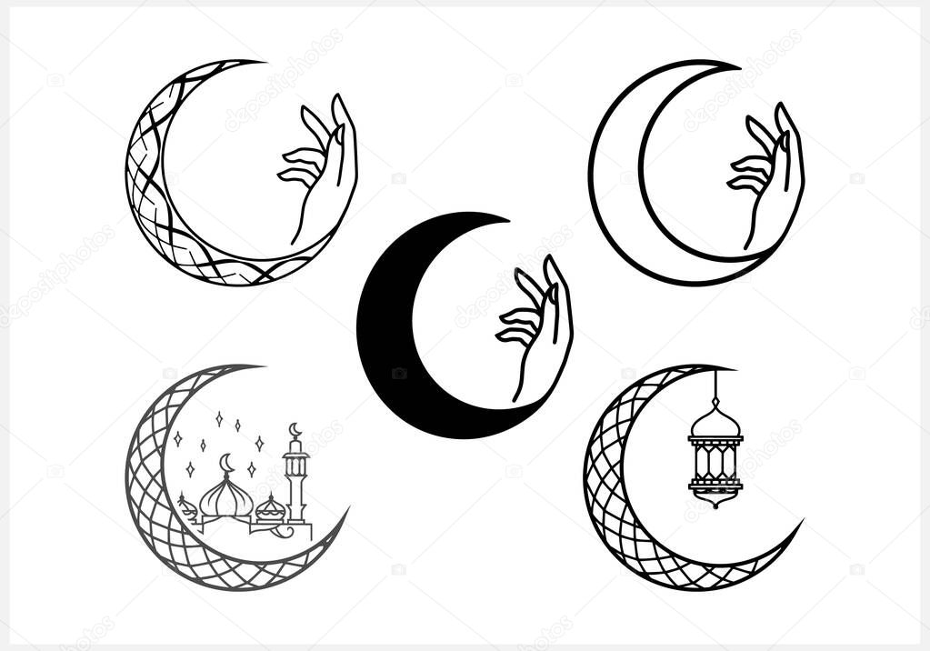 Moon ramadan with hand clip art isolated. Aid Mubarak symbol. Sketch icon. Engraving vector stock illustration. EPS 10
