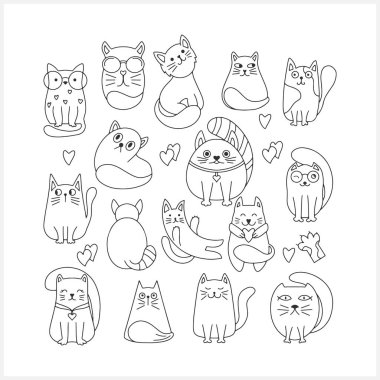 Doodle cat set clip art. Hand drawn art line. Sketch animal. Coloring page book. Vector stock illustration. EPS 10
