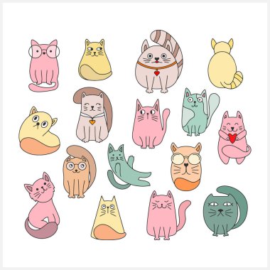 Doodle cat set clip art isolated. Hand drawn art line. Sketch animal. Vector stock illustration. EPS 10