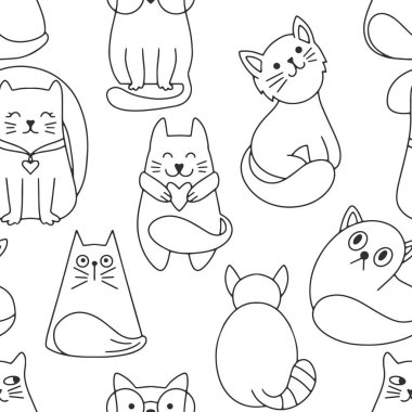 Doodle kedisi kusursuz desen izole edildi. El çizimi sanat eseri. Çizim hayvanı. Sayfa boyama kitabı. Vektör hisse senedi çizimi. EPS 10