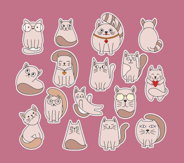 Doodle Cat çıkartmaları. El çizimi sanat eseri. Çizim hayvanı. Vektör hisse senedi çizimi. EPS 10