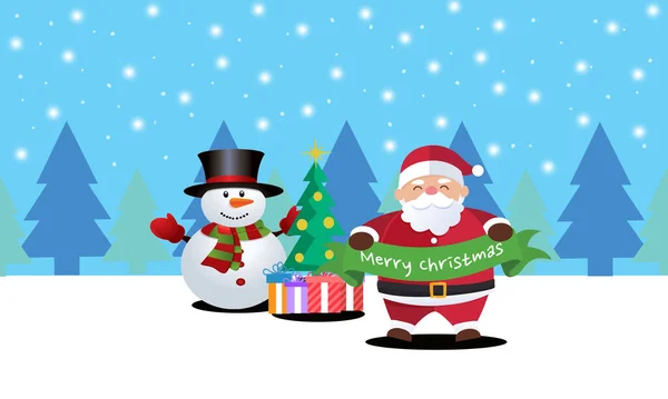 Christmas Characters Santa Clausr Snowman Holding Gift Merry Christmas — Stockfoto