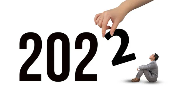 Asian Business Man Looking Male Hand Holding Number 2022 — 图库照片