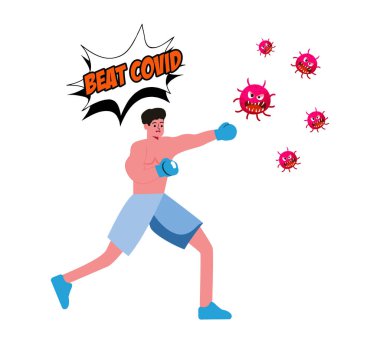 Coronavirus hastalığı kavramı yendi. Genç adam boks eldivenine virüs bulaşmış. COVID-19 'u durdur