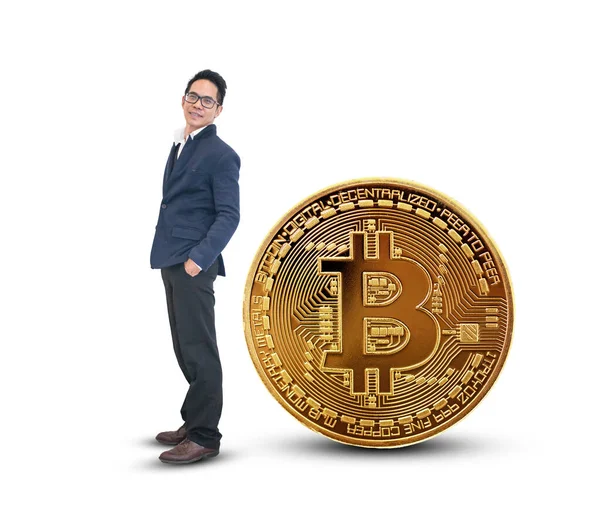 Asiatischer Geschäftsmann Steht Mit Bitcoin Konzept Zum Handel Mit Kryptowährungen — Stockfoto