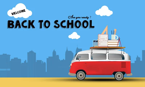 Okul Malzemeleri Sarı Arka Plan Kitapları Olan Okul Otobüsü Okula — Stok fotoğraf