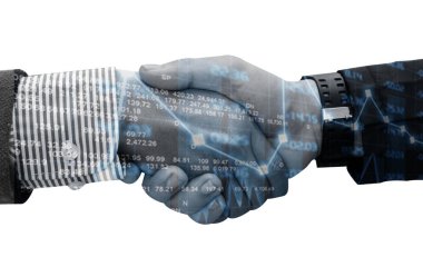  Two businessmen handshake. Concept of international investment . Double exposure