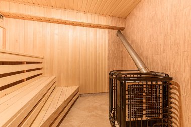 Rusya, Moskova - Mayıs 08, 2020: İç daire ahşap banyo, sauna sauna saunası