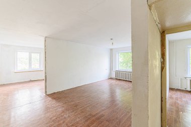 Russia, Moscow- May 15, 2020: interior room apartment rough repair for self-finishing. interior decoration, bare walls of the premises, stage of construction