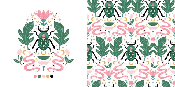 Vector Summer Illustration Seamless Pattern Horned Beetle Snake Flower Moon — Vettoriale Stock
