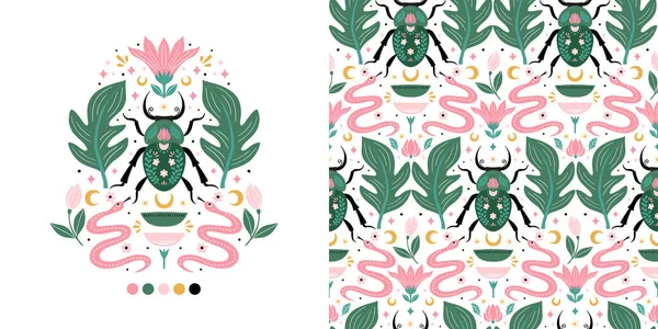 Vector Summer Illustration Seamless Pattern Horned Beetle Snake Flower Moon — Archivo Imágenes Vectoriales