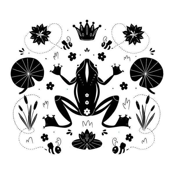 Vector Summer Black White Illustration Frog Lake Bees Reeds Crown — Image vectorielle