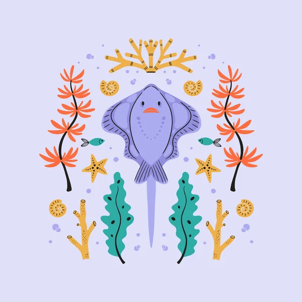 Vector Summer Illustration Stingray Seaweed Sea Shell Corals Underwater Marine — 스톡 벡터