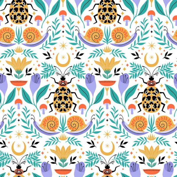 Vector Summer Seamless Pattern Beetle Flowers Moon Snail Mushrooms Symmetry — ストックベクタ