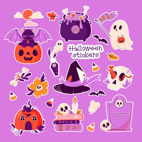 Stickers Vectoriels Halloween Avec Citrouilles Fantômes Crânes Chauves Souris Chats — Image vectorielle