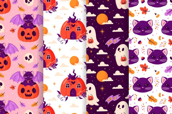 Vector Conjunto Halloween Patrones Sin Costura Con Fantasmas Luna Gatos — Vector de stock